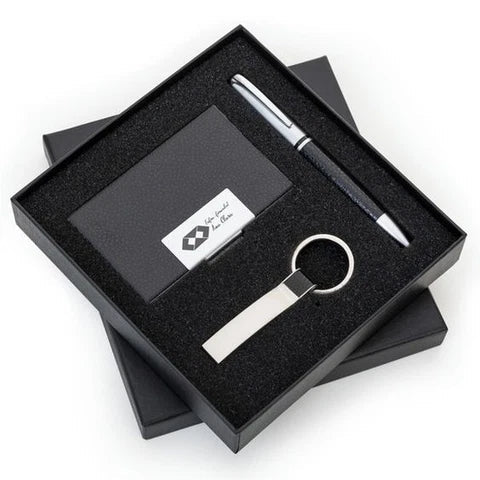 Corporate Giveaway Gift Box | Personalized Card Holder, Metal Keychain & Pen Gift Set with Company Logo
