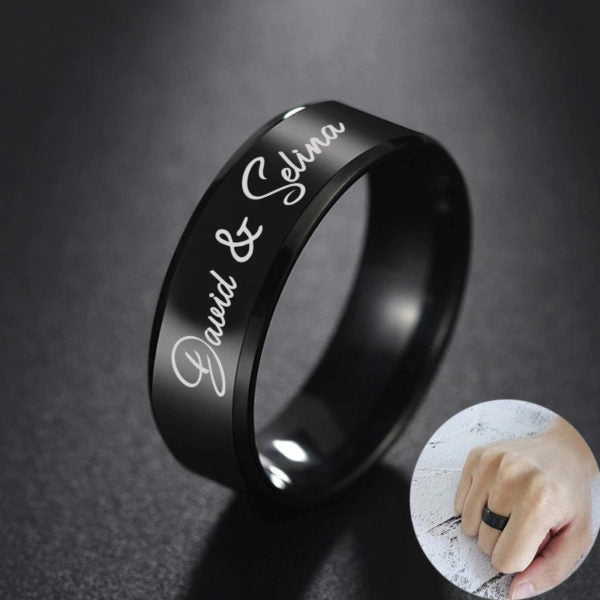 Personalized Black Ring | Custom Name & Date Engraved Couple Ring with Heart or Crown
