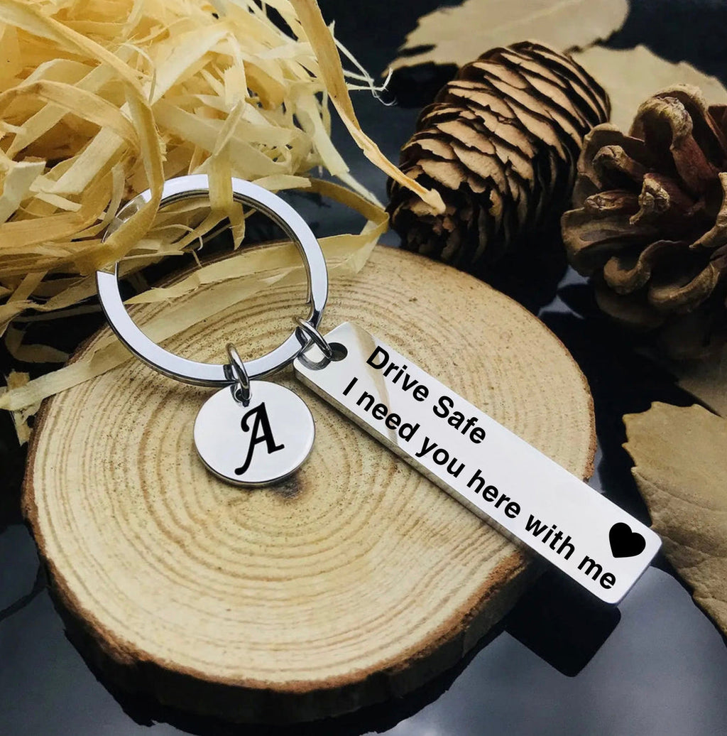 Fully Customized Drive Safe Keychain | Personalized Name, Initial & Custom Message Metal Keychain