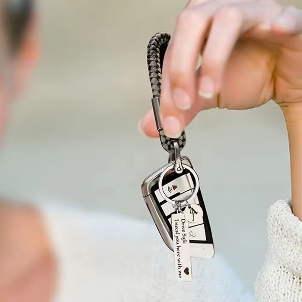 Fully Customized Drive Safe Keychain | Personalized Name, Initial & Custom Message Metal Keychain