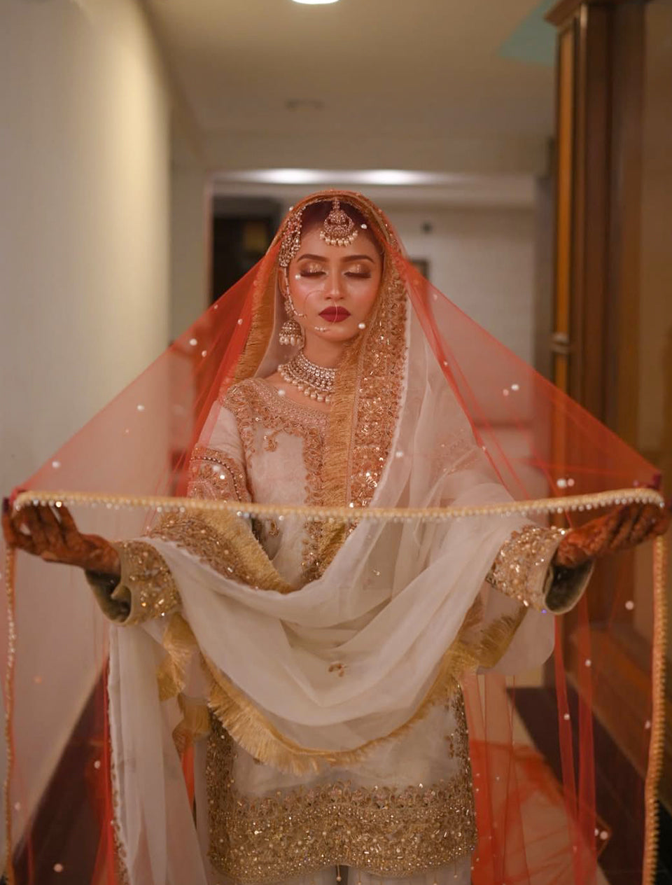 Traditional Red Nikkah Dupatta with Gold Sequin Spray – Bridal Sheer Net Dupatta