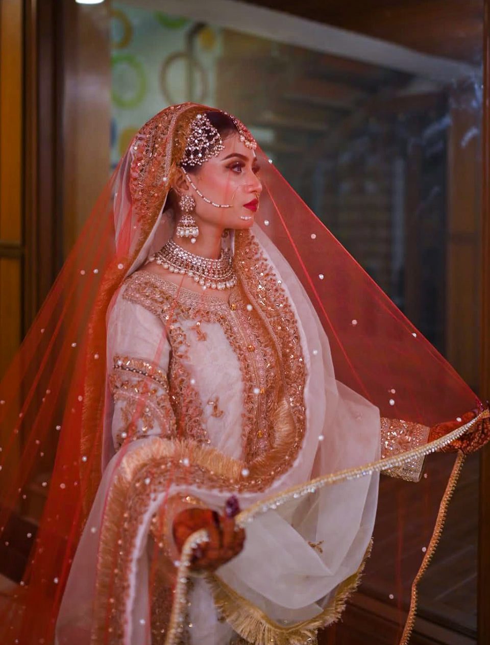 Traditional Red Nikkah Dupatta with Gold Sequin Spray – Bridal Sheer Net Dupatta