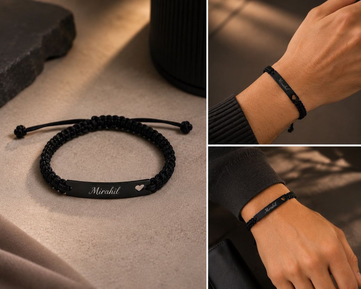 Custom Engraved Name Bracelet for Women & Men | Adjustable Black Braided Cord | Personalized Gift