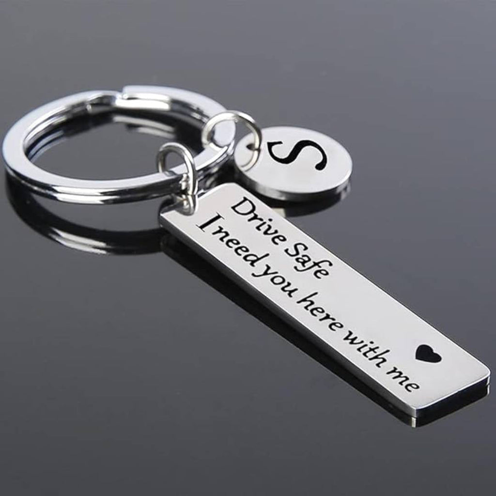 Fully Customized Drive Safe Keychain | Personalized Name, Initial & Custom Message Metal Keychain