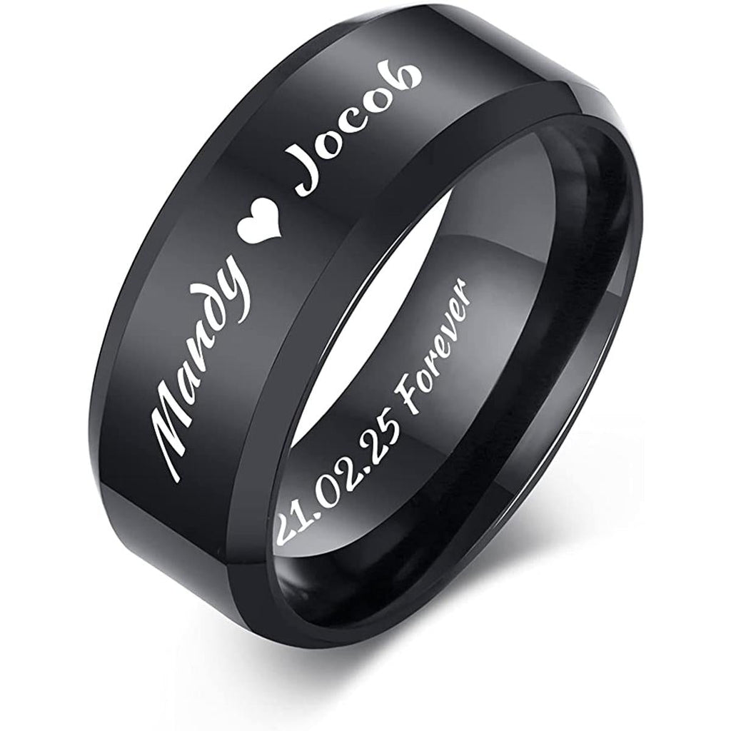 Personalized Black Ring | Custom Name & Date Engraved Couple Ring with Heart or Crown