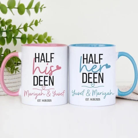 Newlywed Couple Mugs Set – Pink & Blue Ceramic Couple Mugs | Wedding Gift for Husband & Wife